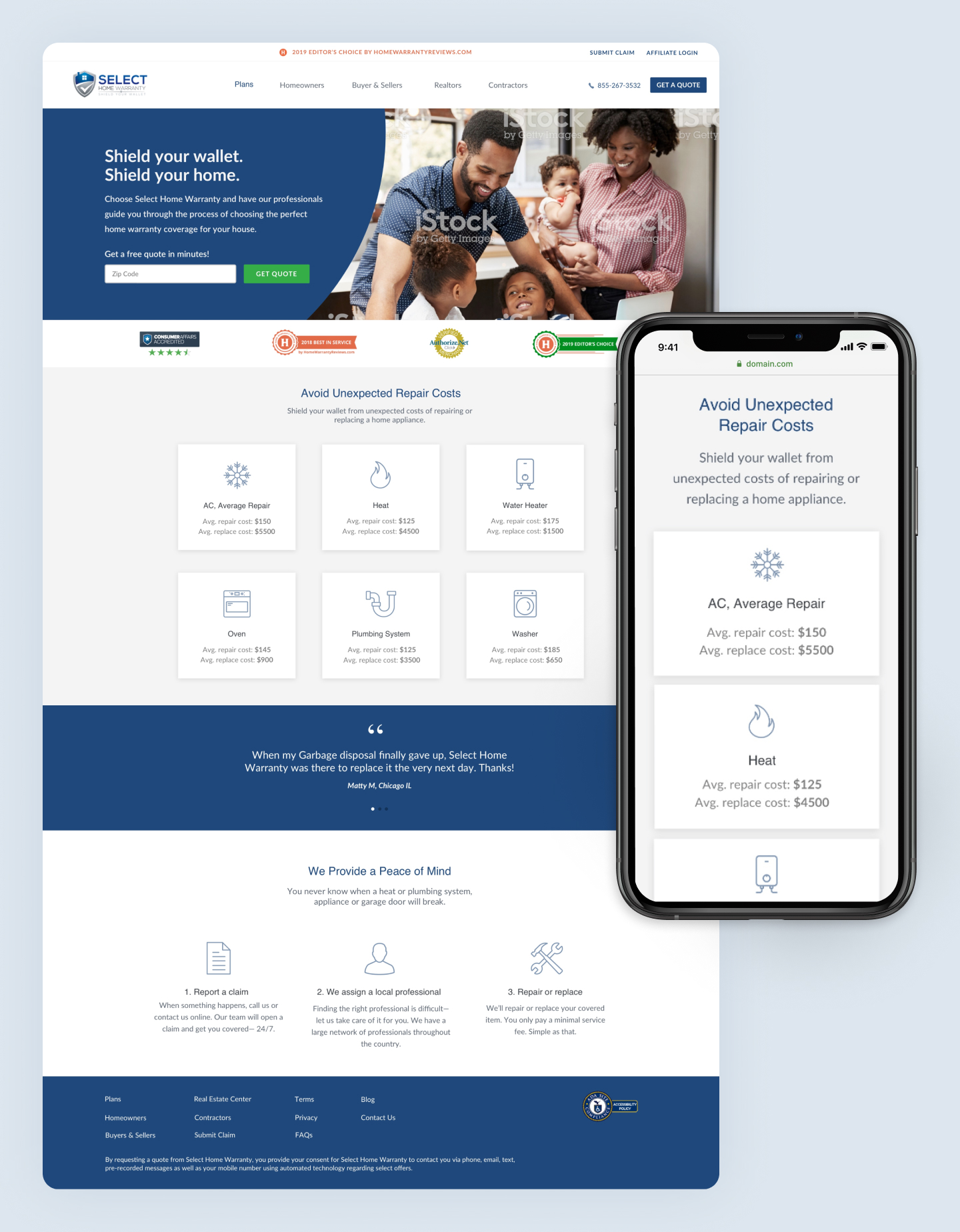 Full page view of redesigned Select Home Warranty website homepage